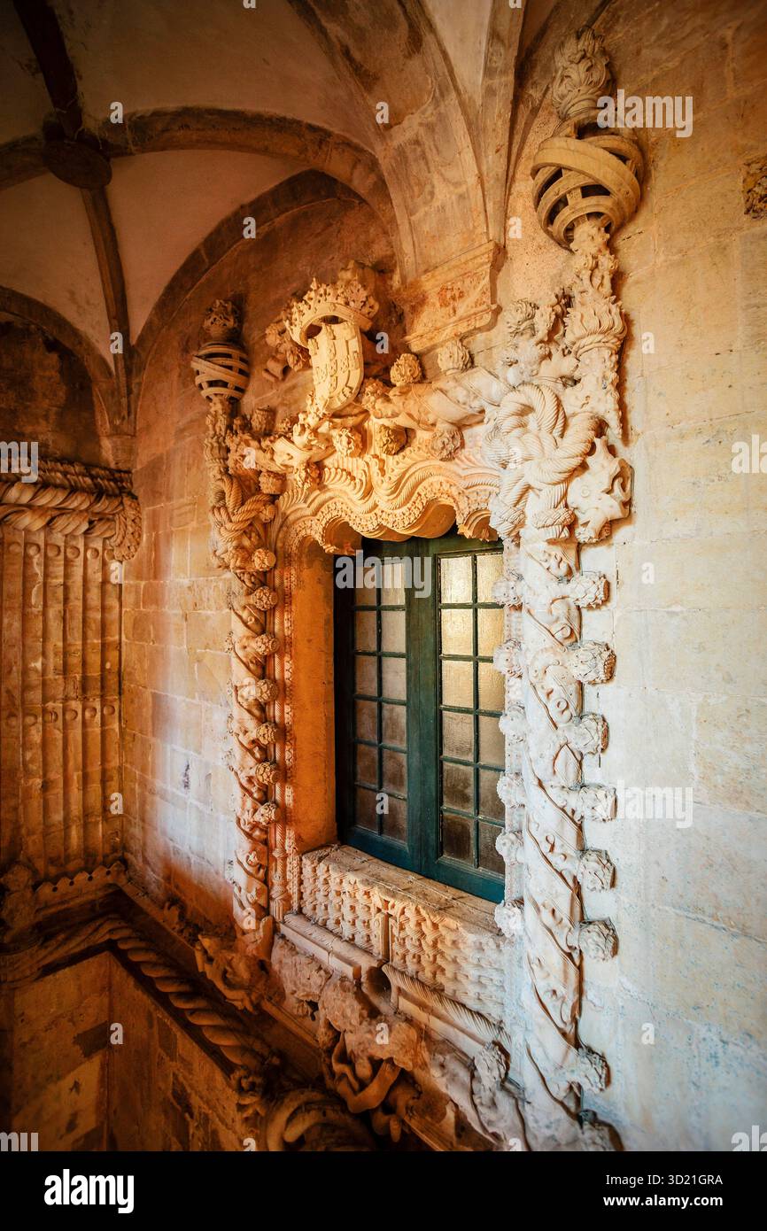 Fenêtre manuéline intérieure, Couvent du Christ, année 1162, Tomar, quartier Santarem, Medio Tejo, région centrale, Portugal, Europe Banque D'Images
