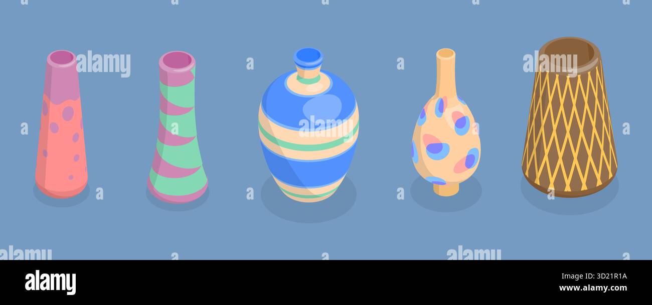 Illustration plate isométrique 3D de la poterie, vases en céramique élégants pour la décoration Banque D'Images