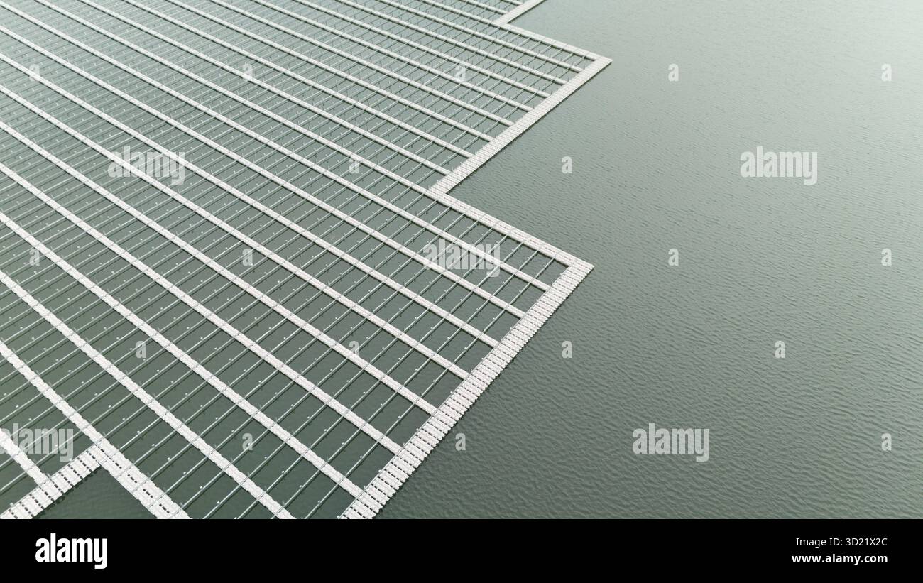 Réseau de plate-forme de bouée d'eau préparé pour panneau solaire flottant. Système PV de panneau photovoltaïque solaire dans l'étang d'eau de lac d'industrie en construction. Enregistrement Banque D'Images