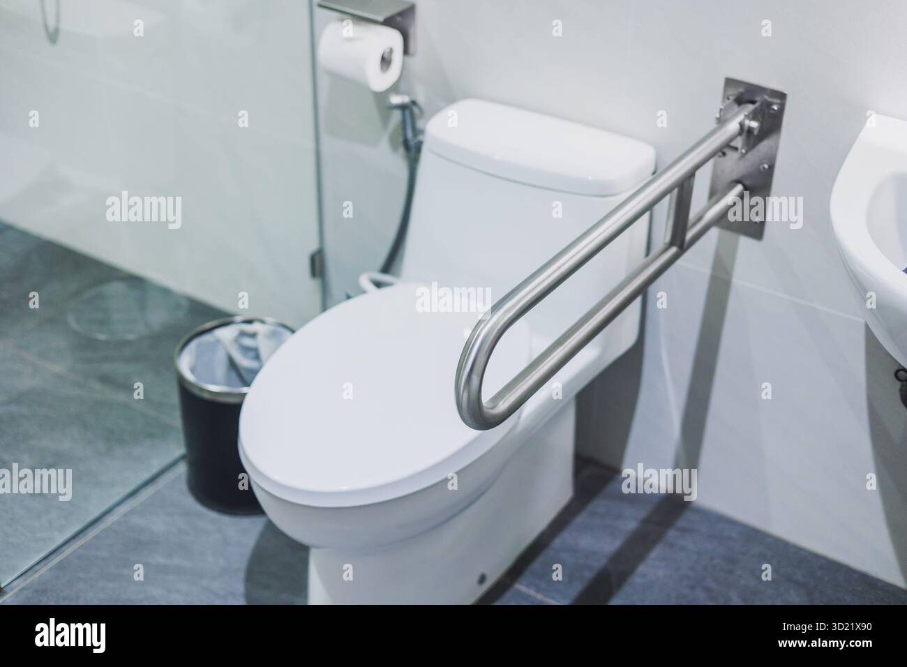 Toilettes adaptées aux personnes à mobilité réduite. Rails de sécurité des toilettes, cuvette propre des toilettes avec barre de poignée dans la salle de bains Banque D'Images