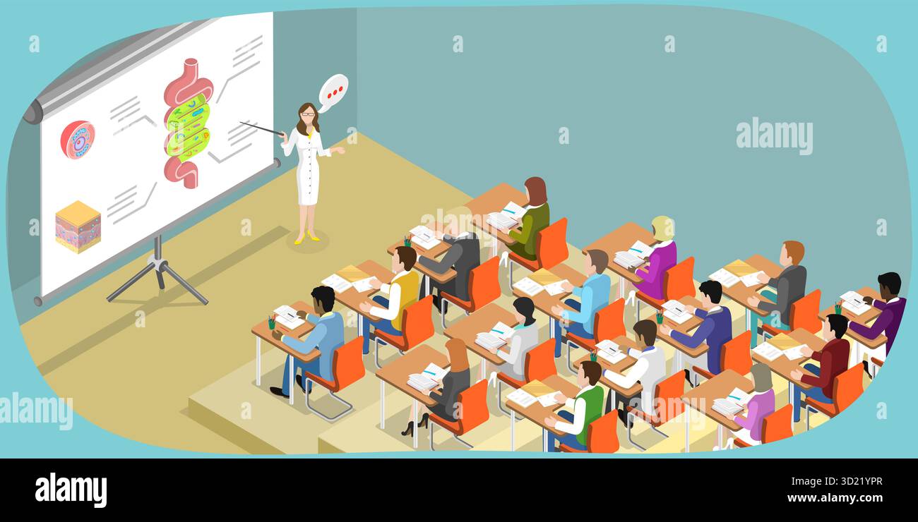 Illustration plate isométrique 3D de conférence médicale, leçon de l'école dentaire Banque D'Images