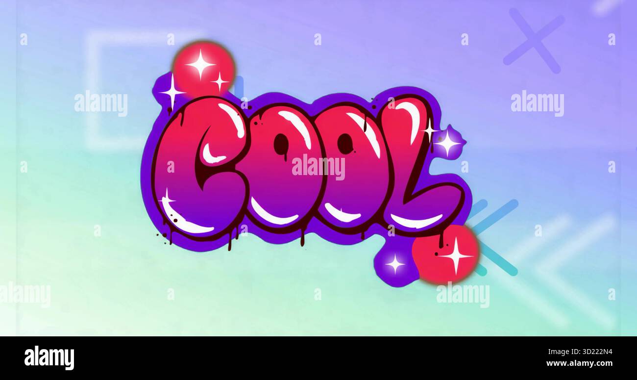 Affichage de lettres à bulles peinture FRAÎCHE qui coule sur toile pastel avec des étincelles et des accents rouge-violet Banque D'Images