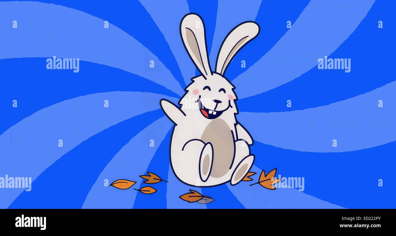 Agitant lapin de dessin animé aux oreilles souples souriant sur fond de spirale bleue, avec des feuilles orange Banque D'Images