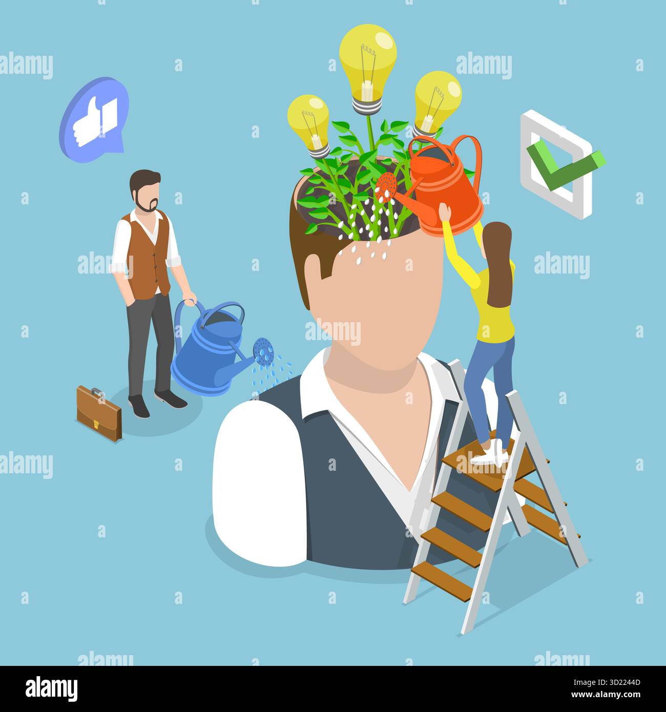 Illustration plate isométrique 3D de l'élévation de l'état d'esprit positif, développement de compétences innovant Banque D'Images