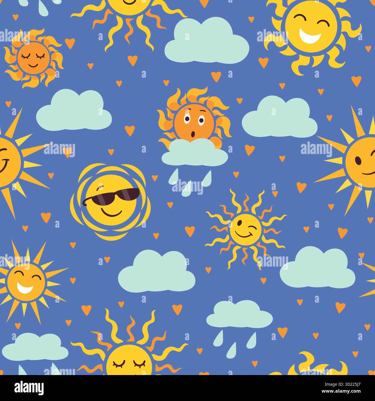 Motif sans couture d'icônes météo de dessin animé. Le plaisir du personnage de soleil d'été. Pluie et soleil. Prévisions météorologiques. Impression répétée. Surpris des pluies Illustration de Vecteur