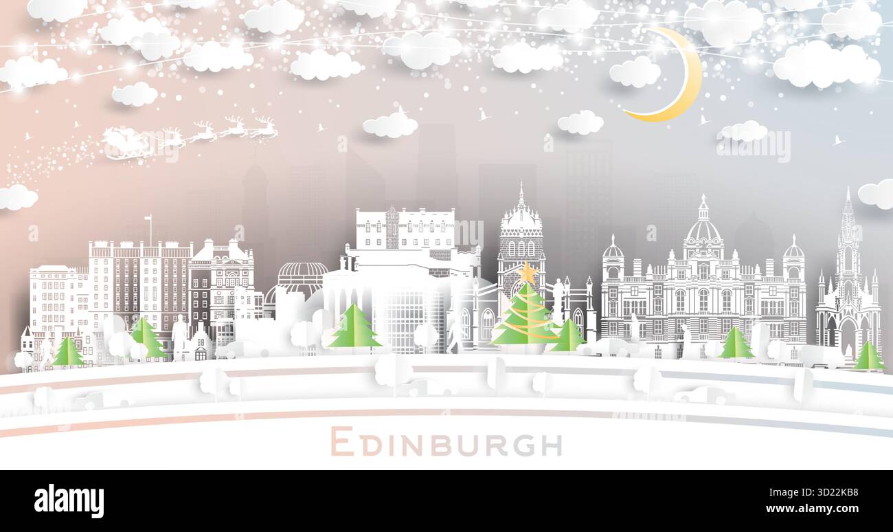 Édimbourg Écosse. Horizon de la ville d'hiver dans le style coupé de papier avec flocons de neige, lune et guirlande de néon. Noël et nouvel an. Père Noël sur traîneau. Illustration de Vecteur