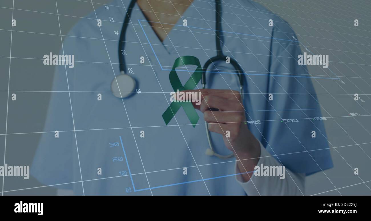 Pointage médical dans les gommages à l'aide de la grille 3D lors d'un briefing clinique avec stéthoscope, hologramme ruban vert Banque D'Images