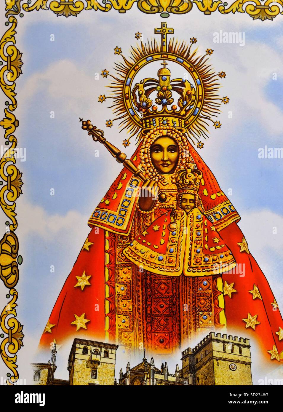 Vierge Marie tenant bébé Jésus avec couronne et bâton sur la cathédrale d'Astorga Banque D'Images