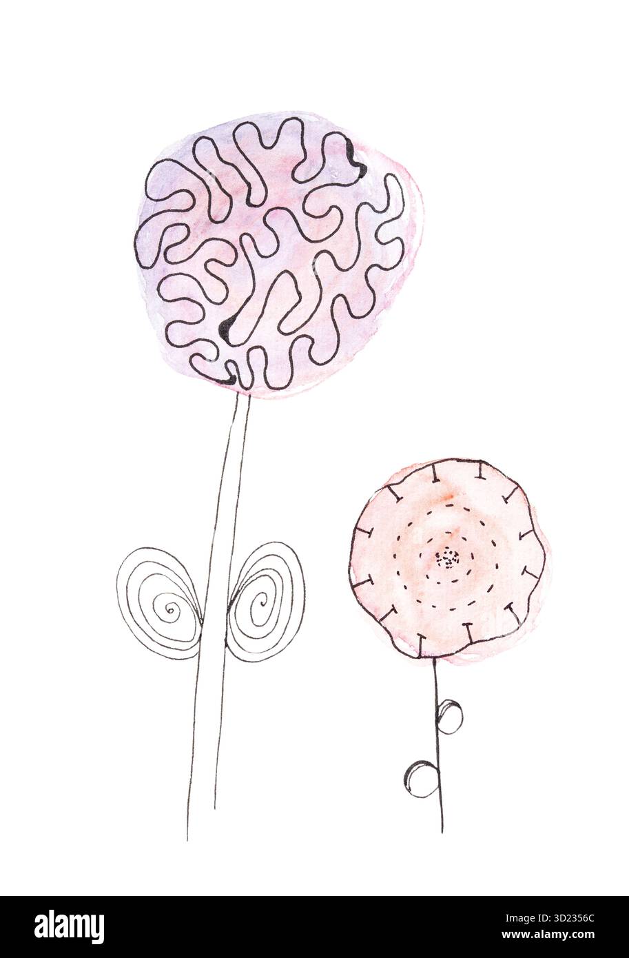 Art aquarelle abstrait de plantes avec des têtes de fleurs en forme de cerveau en couleur pastel Banque D'Images