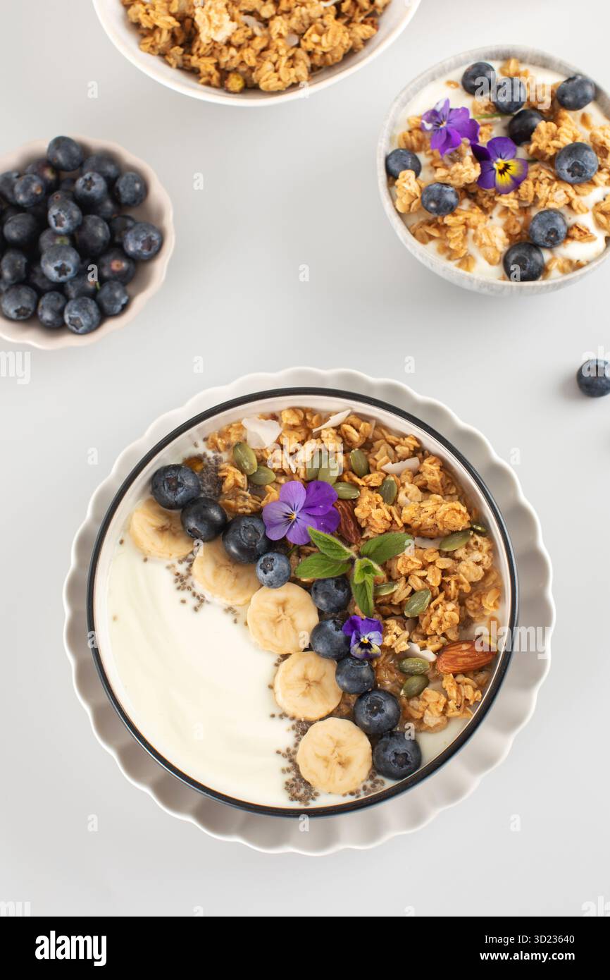 Un petit déjeuner sain et nutritif composé de yaourts grecs naturels, de granola et de baies fraîches Banque D'Images