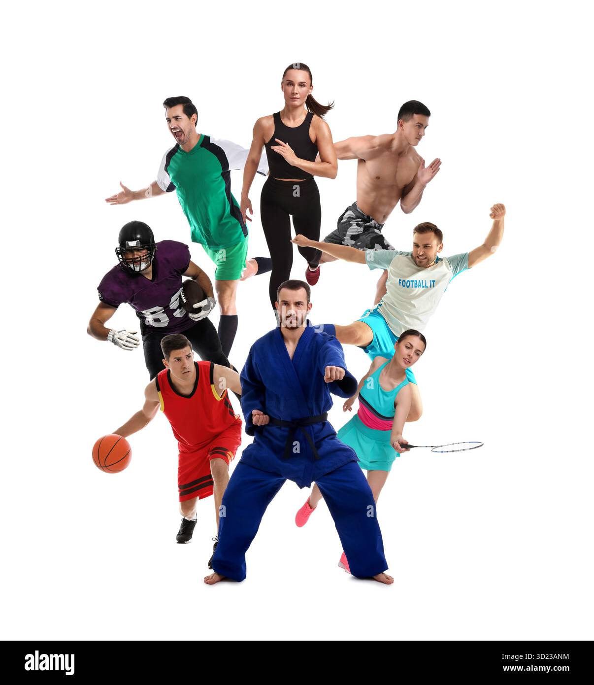 Activités sportives. Différentes personnes en vêtements de sport sur fond blanc, collage Banque D'Images