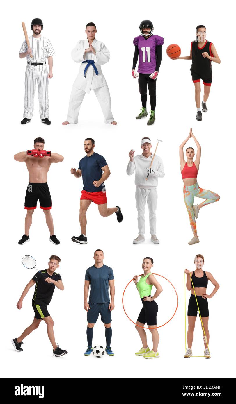 Activités sportives. Différentes personnes en vêtements de sport sur fond blanc, collage Banque D'Images