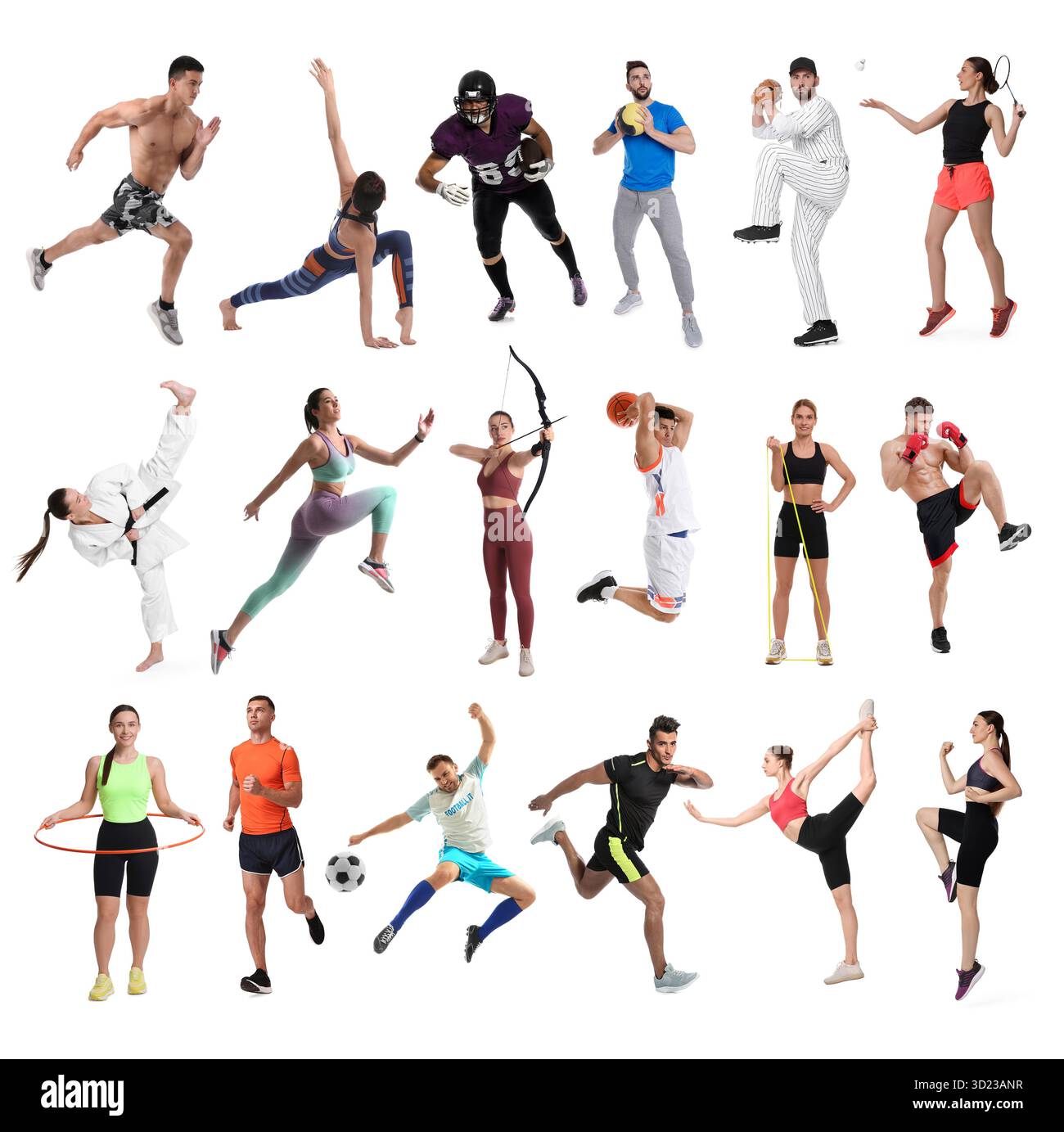 Activités sportives. Différentes personnes en vêtements de sport sur fond blanc, collage Banque D'Images