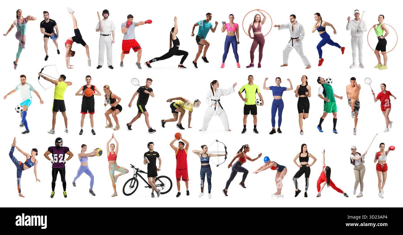 Activités sportives. Différentes personnes en vêtements de sport sur fond blanc, collage Banque D'Images
