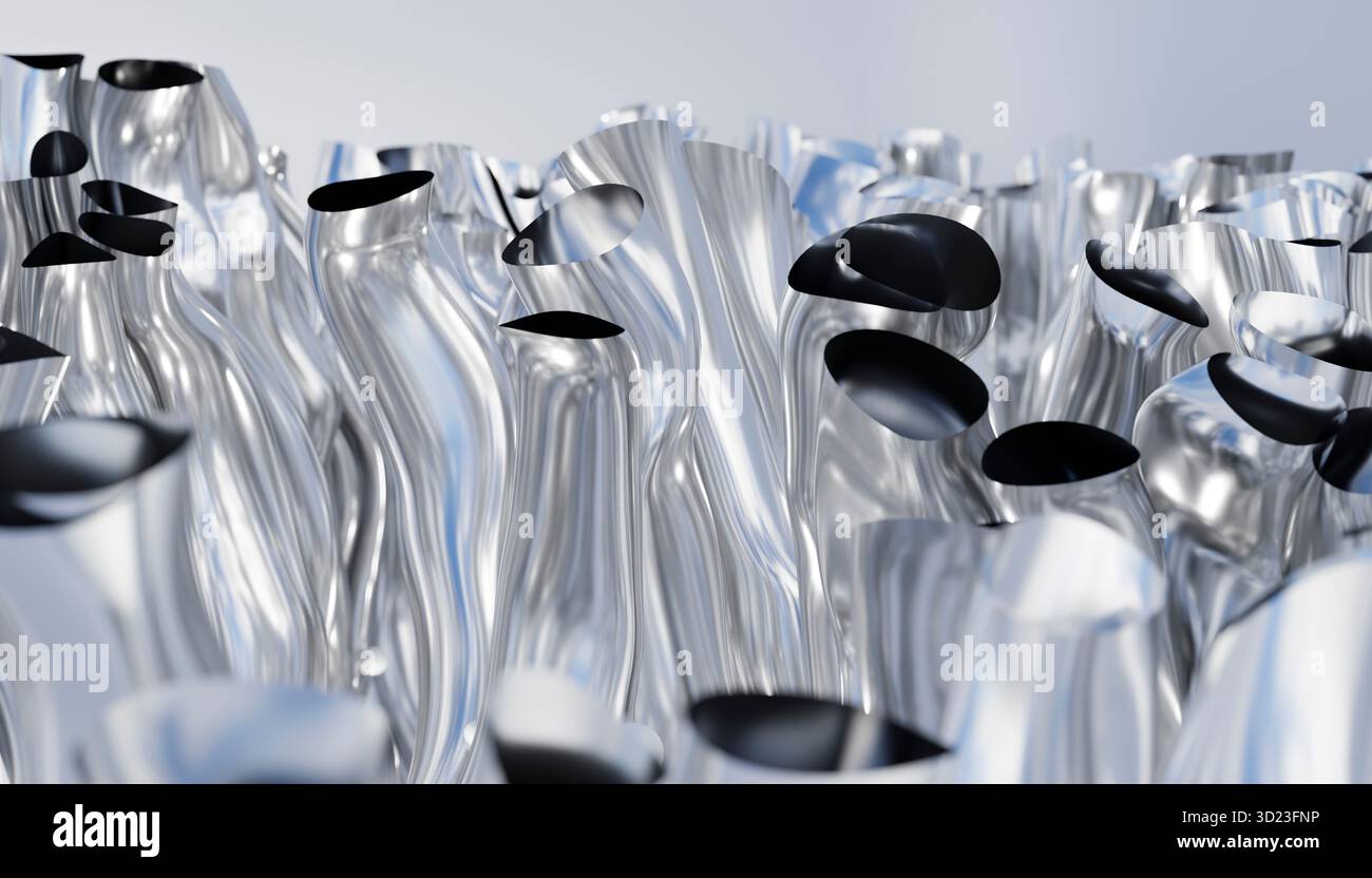 Tubes métalliques brillants avec surfaces lisses et ondulées et ouvertures noires dans un arrangement abstrait. Illustration, rendu Banque D'Images