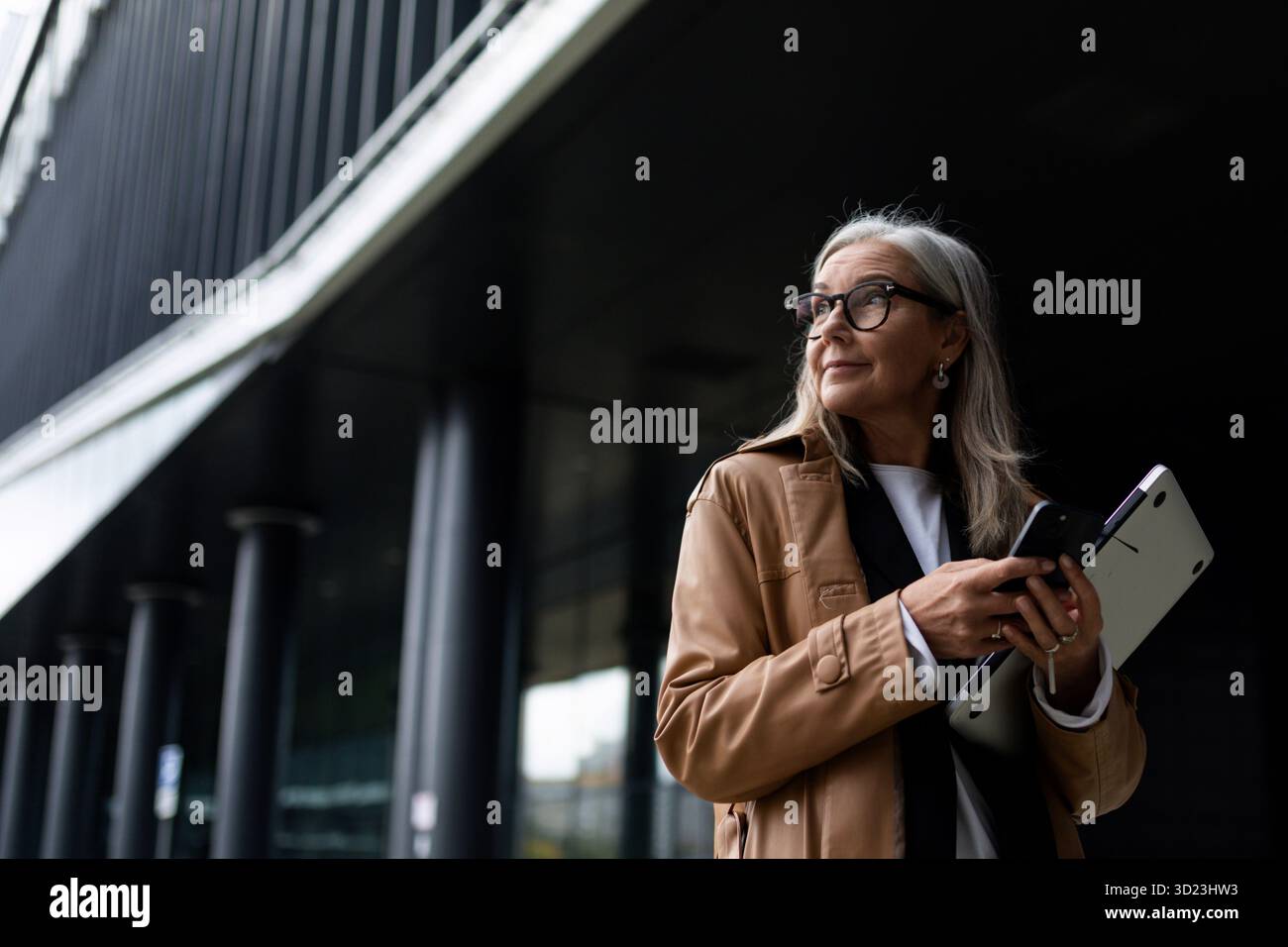Portrait d'une femme âgée d'affaires élégante réussie sur le fond d'un centre de bureau moderne, woma fort et indépendant Banque D'Images