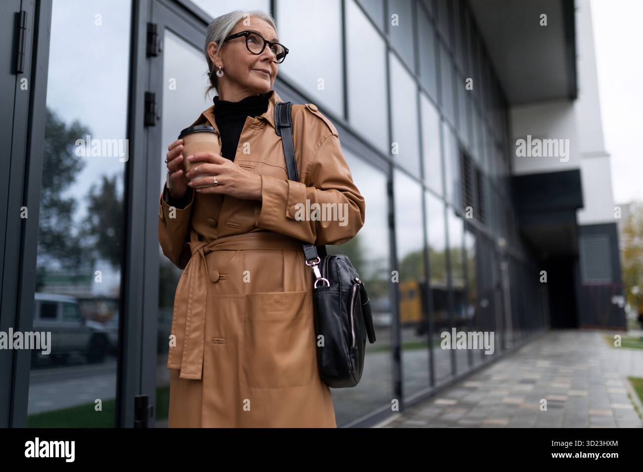 Femme âgée réussie tête à l'entrée du centre d'affaires Banque D'Images