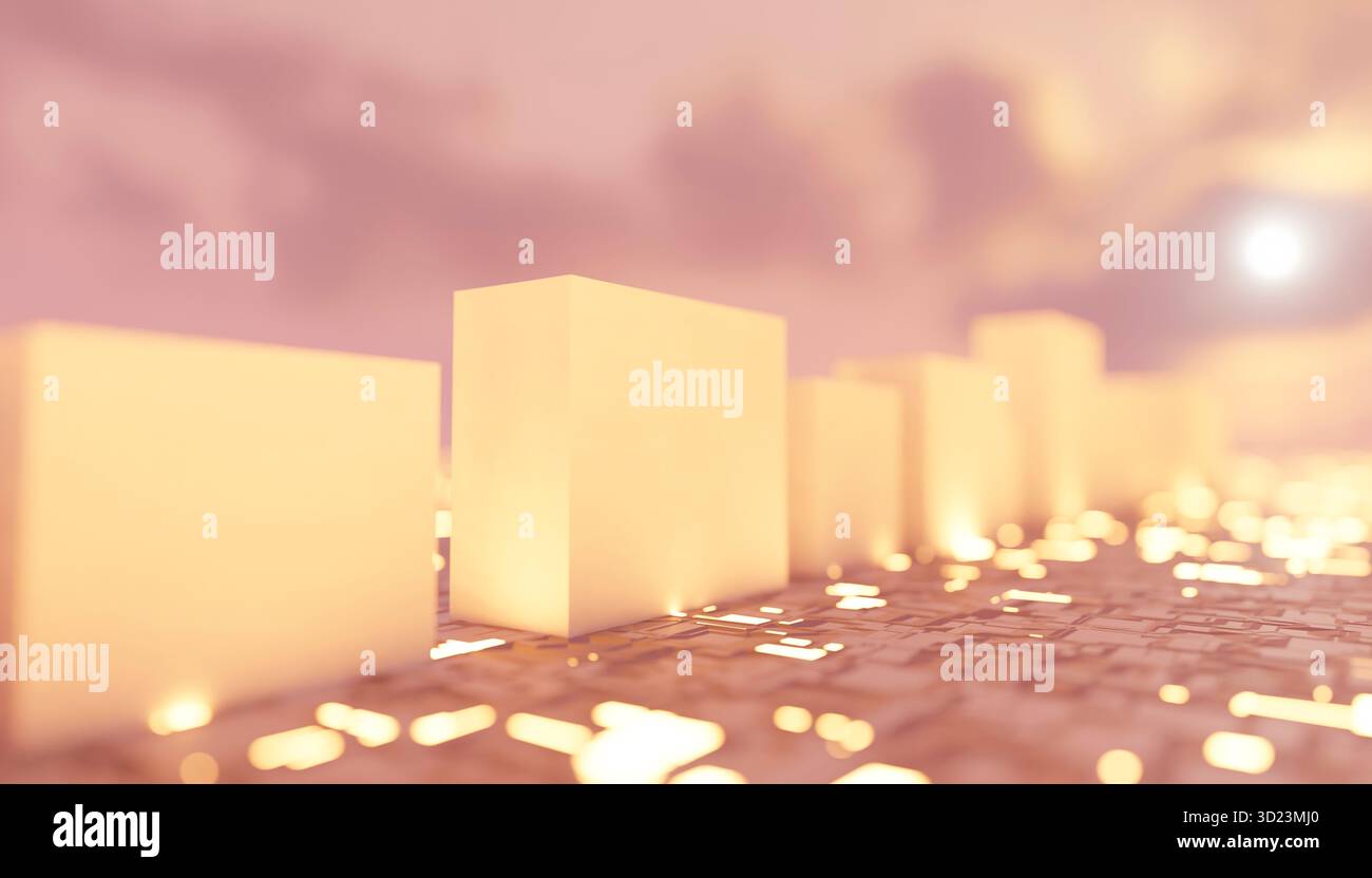 Paysage urbain abstrait avec des bâtiments cubiques brillants dans une teinte rose douce au coucher du soleil. Illustration, rendu Banque D'Images