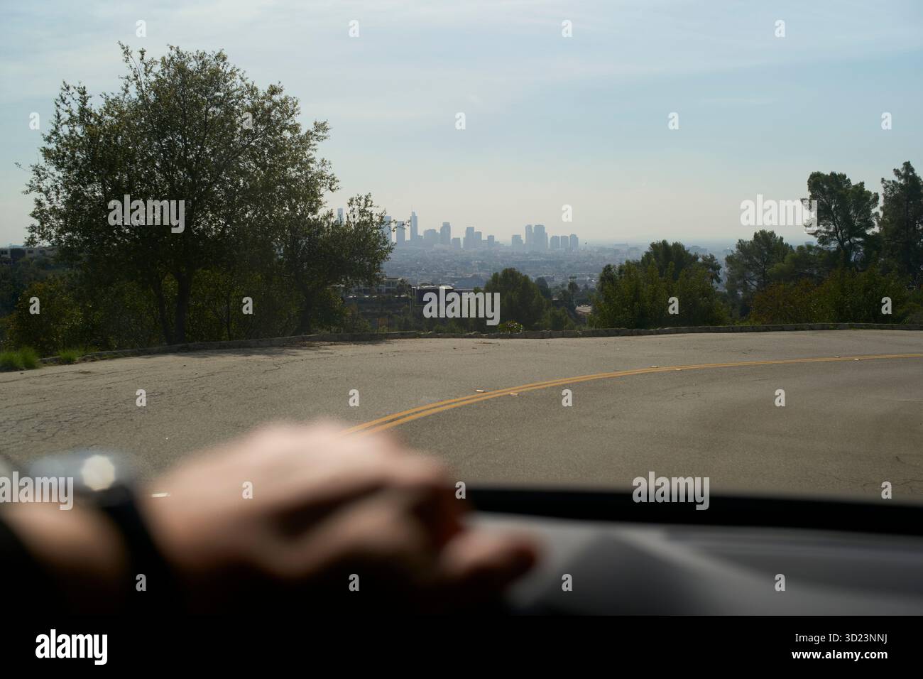 Horizon de la ville vu d'une route sinueuse avec des arbres au premier plan. Los Angeles, Californie, États-Unis Banque D'Images