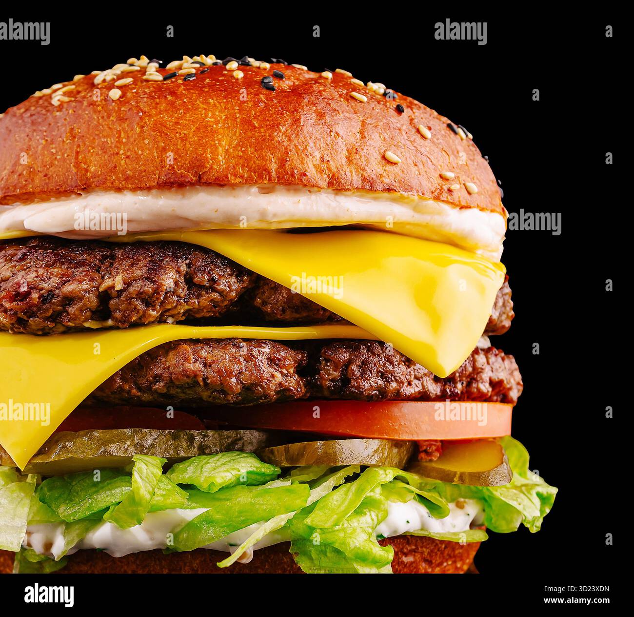 Un hamburger appétissant se compose de deux viandes de bœuf juteuses recouvertes de fromage cheddar, de laitue fraîche, de tomates tranchées, de cornichons et de sauce crémeuse, tout dans Banque D'Images