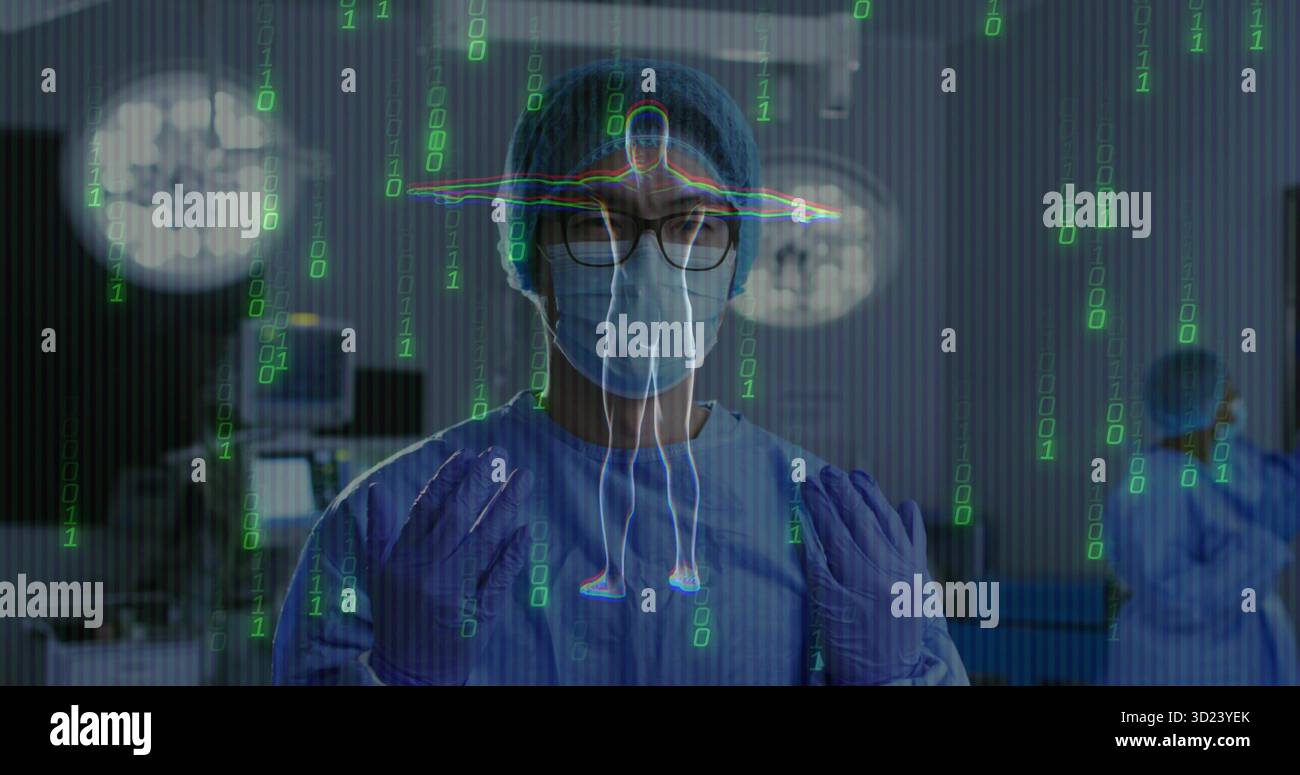 Chirurgien pratiquant dans les gommages masque gants dans la salle d'opération, avec hologramme et code binaire Banque D'Images