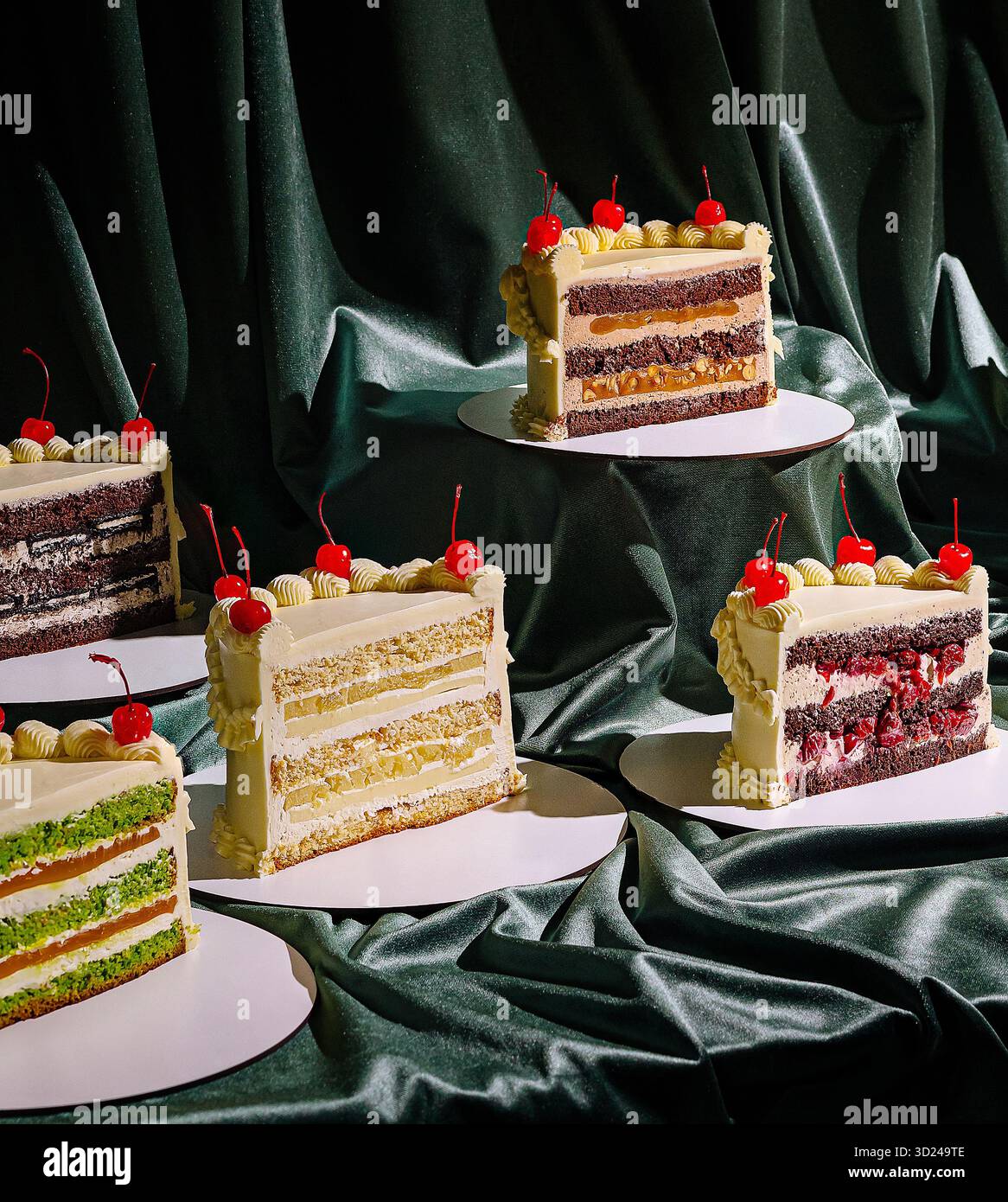 Des couches de gâteaux vibrants de différentes saveurs sont soigneusement disposées sur des bases circulaires Banque D'Images