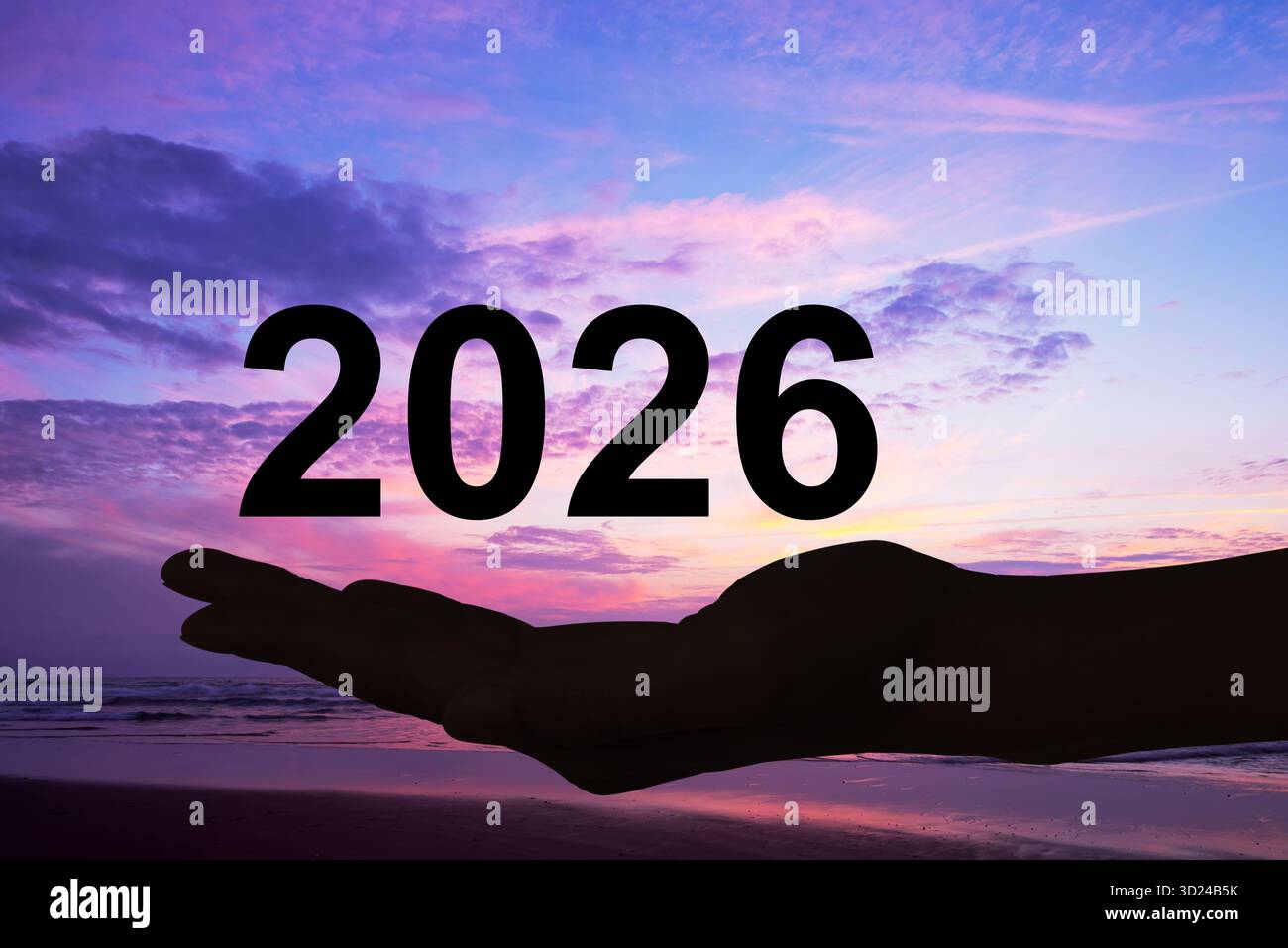 Main tenant 2026 numéros, fond de coucher de soleil, carte de voeux de nouvel an Banque D'Images