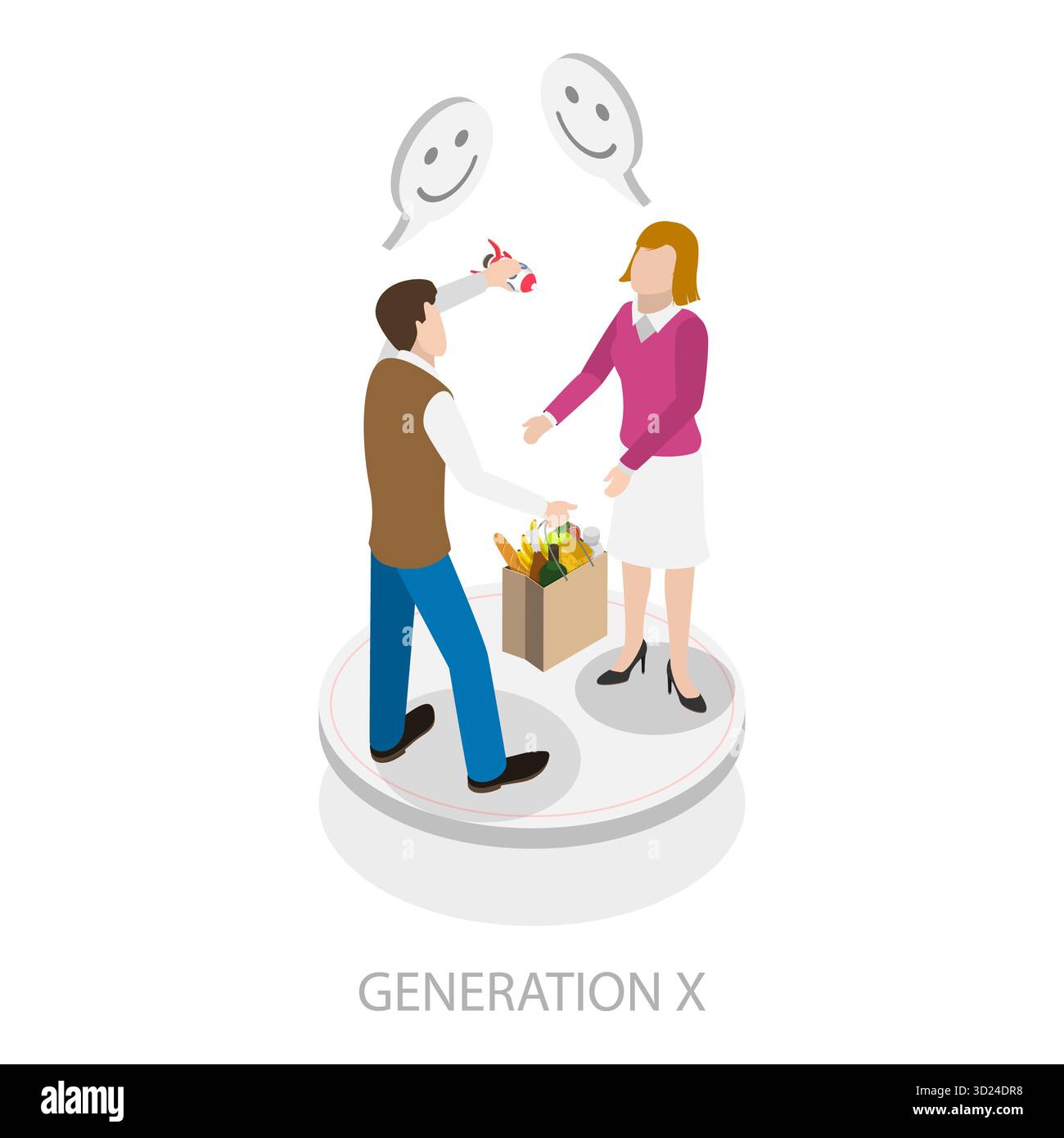 Illustration plate isométrique 3D des générations sociales, différents groupes d'âge. Point 4 Banque D'Images