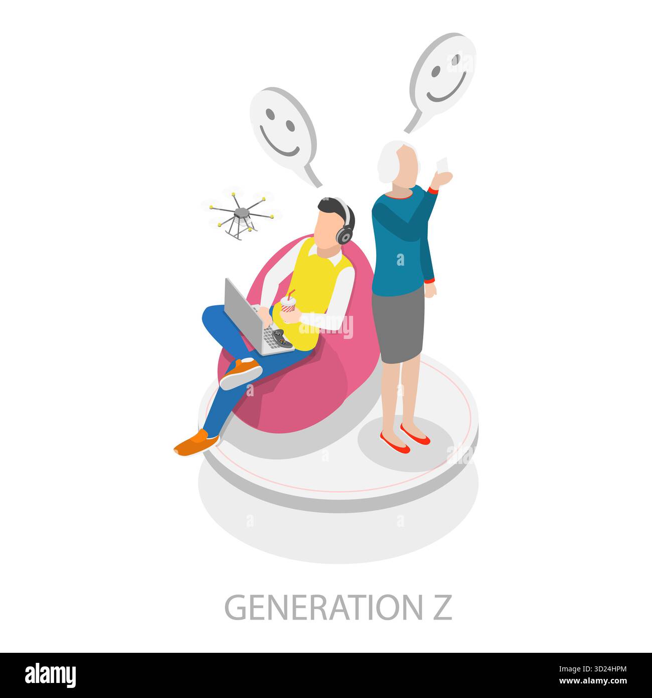 Illustration plate isométrique 3D des générations sociales, différents groupes d'âge. Point 2 Banque D'Images