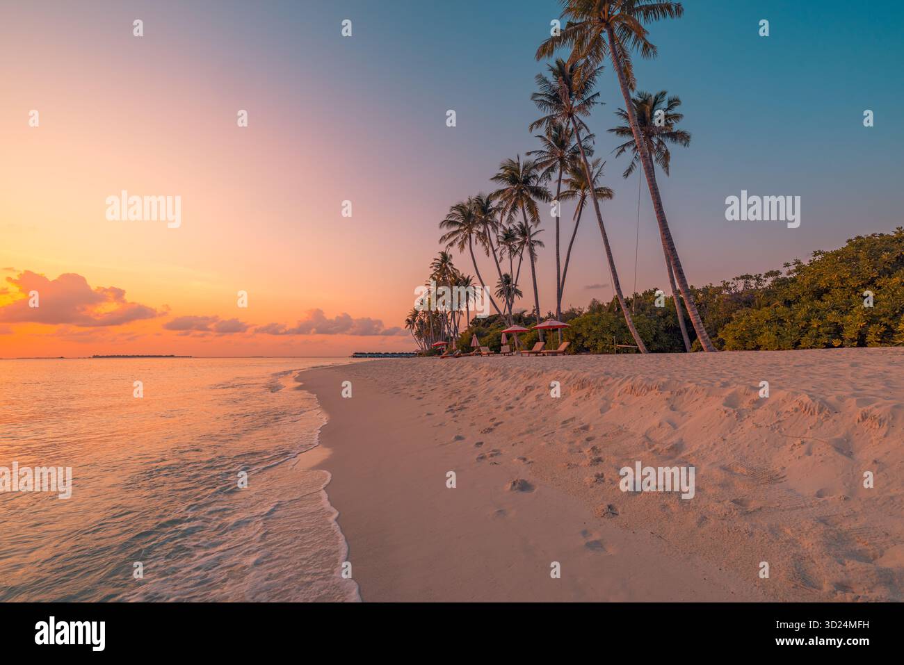 Coucher de soleil sur la plage de l'île tropicale de rêve avec océan immaculé, palmiers du ciel romantiques colorés calme atmosphère paradisiaque. Côte exotique tranquille et sereine Banque D'Images