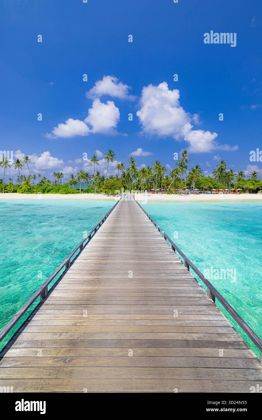Plage de villégiature tropicale panoramique à couper le souffle avec jetée menant à l'île paradisiaque rivage soleil ciel bleu vacances d'été pittoresque. Destination exotique Banque D'Images