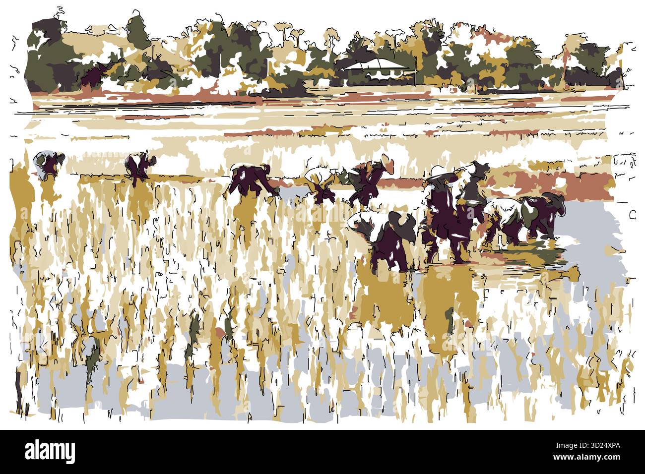 Peinture impressionniste de style croquis,Groupe d'agriculteurs plantant du riz dans le rizier,image vectorielle d'illustration numérique Illustration de Vecteur