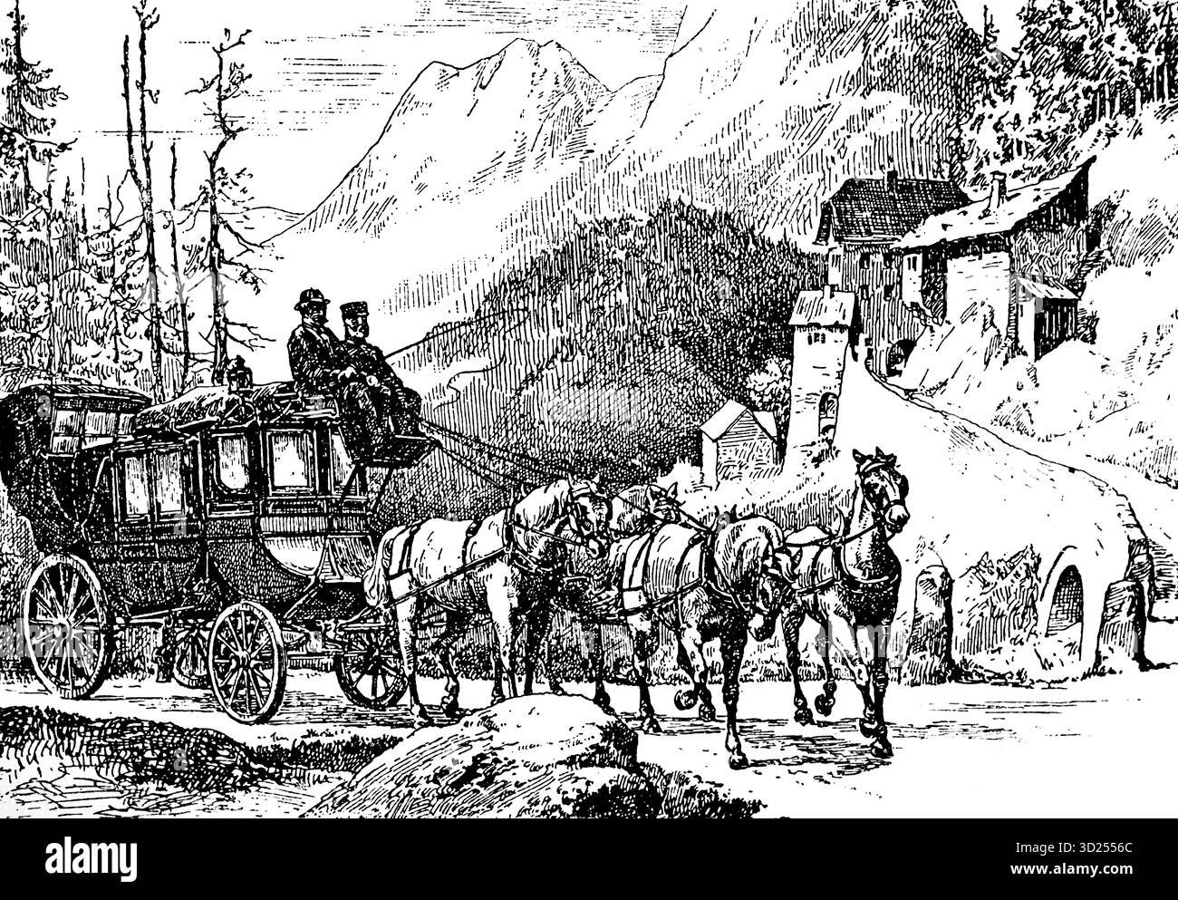 Poste autocar, profession suisse de carrossier, emploi, pour le transport de courrier et de colis dans les régions alpines, Suisse, illustration historique 1900 Banque D'Images