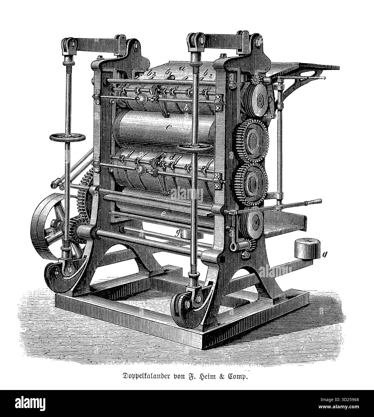 Une machine de calandrage industrielle de F. Heim & Co., utilisée pour lisser et finir le papier. Le système à deux rouleaux reflète la précision du traitement du papier de la fin du XIXe siècle. Banque D'Images