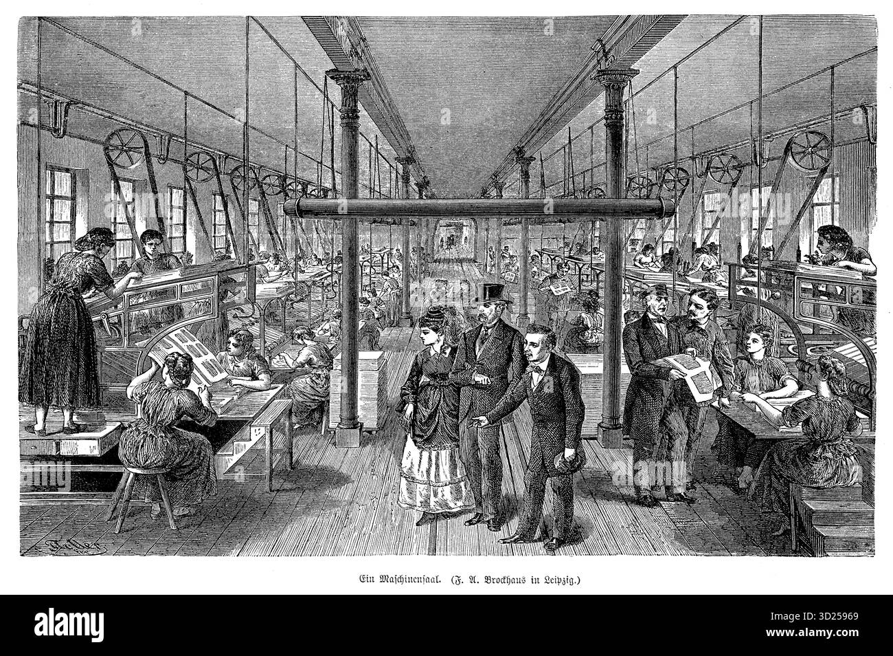 Une vue grandiose d'une salle des machines à F. A. Brockhaus à Leipzig — des rangées de presses et d'ouvriers illustrent l'échelle industrielle de l'impression de livres vers 1890. Banque D'Images