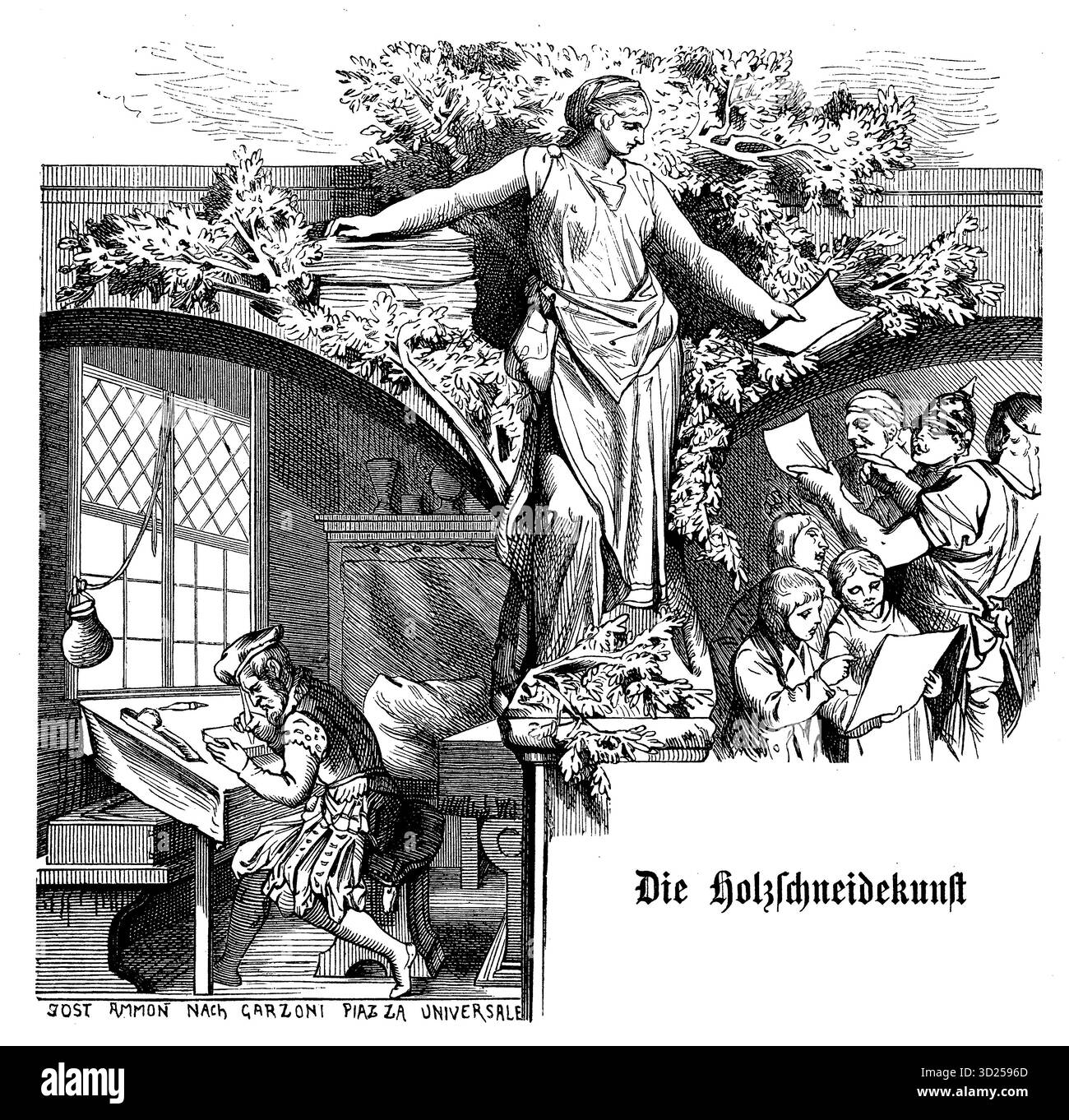 Gravure sur bois Renaissance montrant un artiste au travail, sculptant un bloc de bois. Basé sur la représentation de Jost Amman de l'artisanat de la coupe sur bois de la Piazza Universale de Garzoni. Banque D'Images