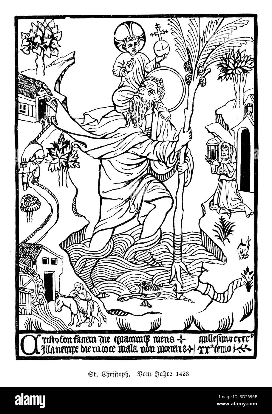 Une célèbre gravure sur bois de 1423 de Saint Christophe portant le Christ Child de l'autre côté de la rivière - l'une des premières estampes religieuses connues en Europe. Banque D'Images