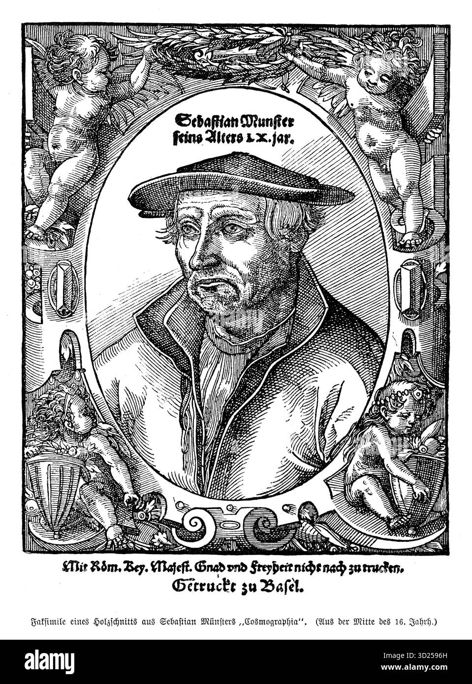 Reproduction d’un frontispice gravé sur bois de la Cosmographia de Sebastian Münster, au milieu du XVIe siècle, montrant l’auteur entouré de chérubins ludiques, symbolisant la connaissance et la curiosité. Banque D'Images