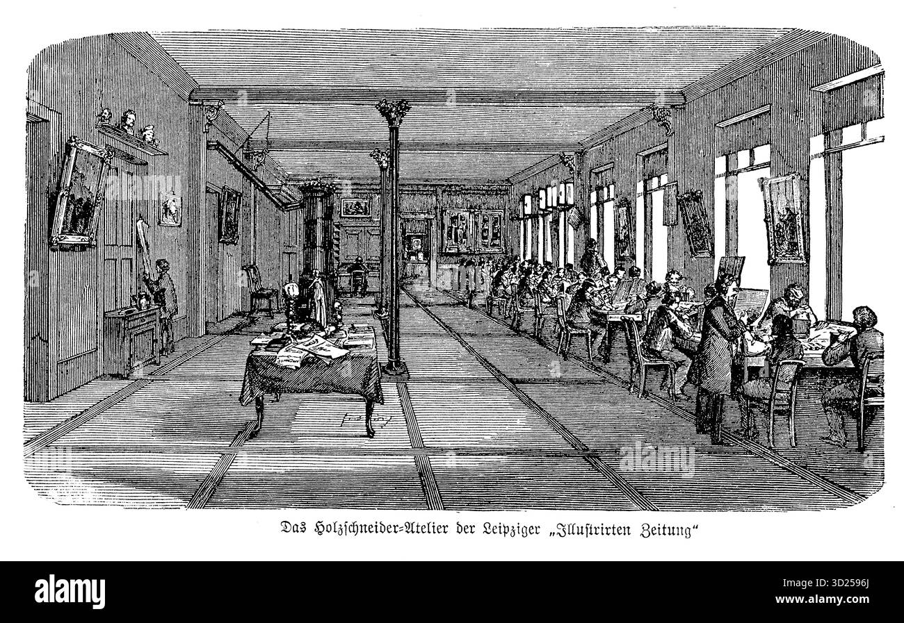 Un spacieux studio de gravure sur bois à l''Illustrierte Zeitung à Leipzig. La pièce fredonne avec une précision silencieuse - les graveurs se sont penchés sur leurs blocs, un grand poêle réchauffant l'air de l'hiver. Banque D'Images