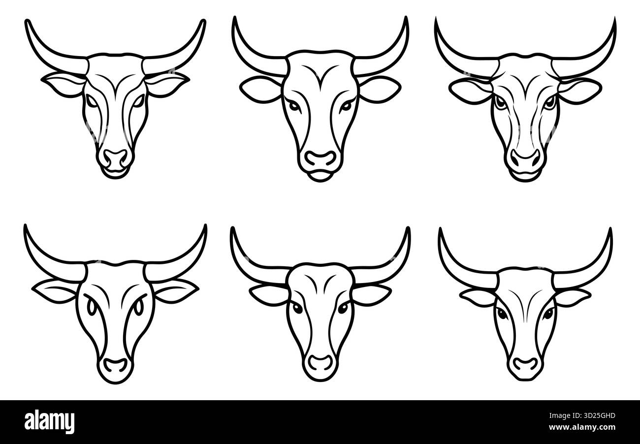 Ensemble d'icônes de contour de tête de taureau pour logos et mascottes Illustration de Vecteur