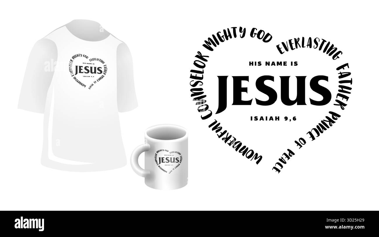 Logo créatif chrétien, modèle de tasse 3D et T-shirt. Conception modifiable. Idée cadeau. Articles blancs avec une icône noire, collection clip art. Jeu de graphiques e Illustration de Vecteur