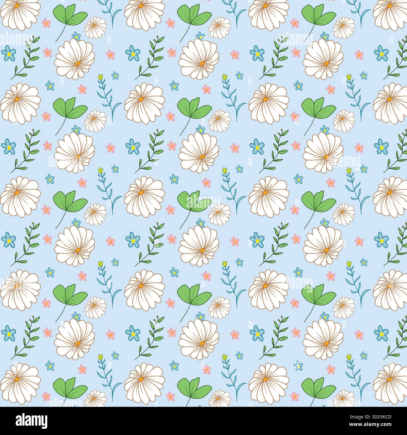Un motif floral botanique sans couture avec des fleurs dessinées à la main, des branches feuillues et de petites fleurs colorées sur un fond bleu clair. Conçu en Illustration de Vecteur