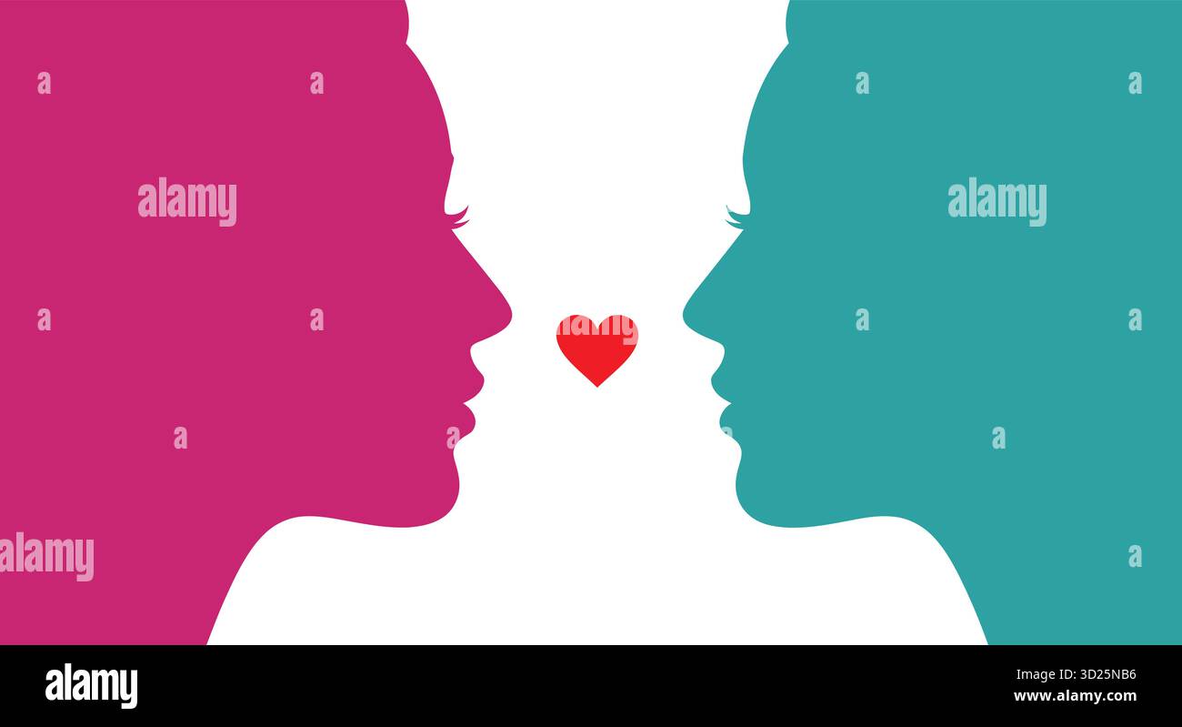 Deux profils de visage colorés face à face avec un cœur rouge au milieu Illustration de Vecteur