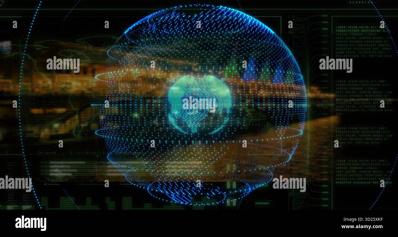 Affichage du globe terrestre holographique tournant dans l'affichage du centre de commande, avec des lumières annulaires incandescentes Banque D'Images