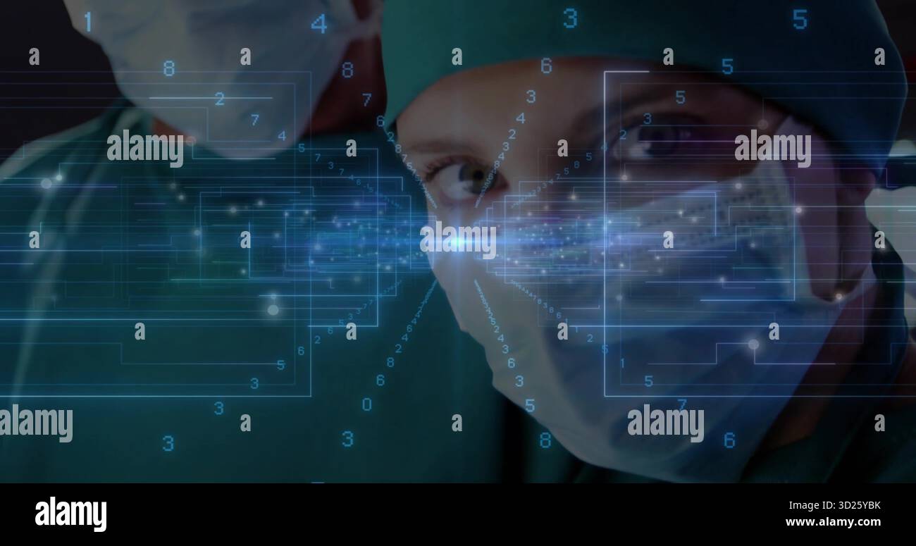 Superposition des données RA de surveillance du chirurgien en chef dans la salle d'opération, avec capuchons chirurgicaux, masques et gommages Banque D'Images
