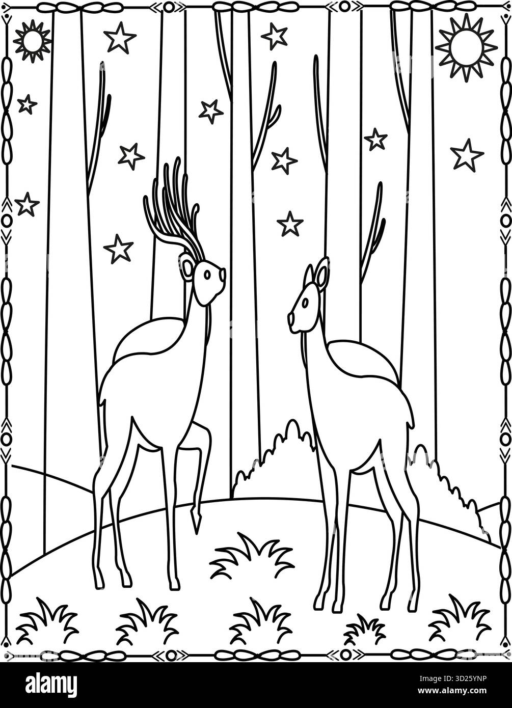 Cute Deer in Forest Coloriage page pour enfants et adultes. Illustration des animaux des bois. Illustration de Vecteur