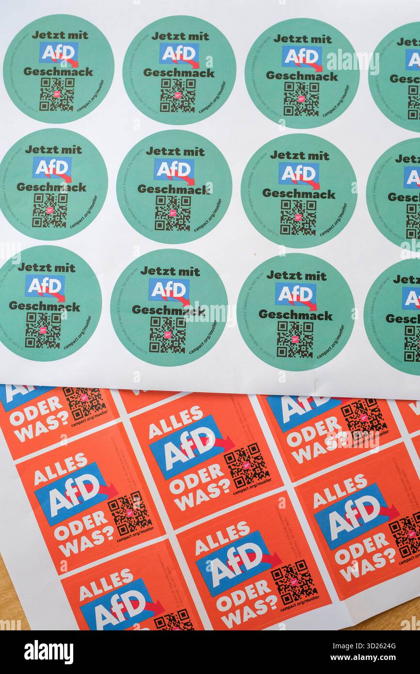 Autocollants de la campagne Campact contre les dons du parti par l'entrepreneur Theo Mueller Banque D'Images