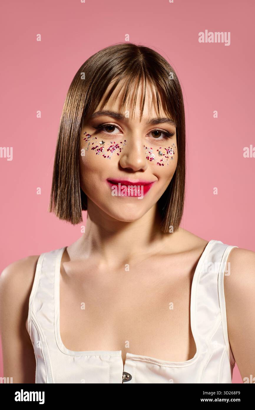 Une jeune femme brille dans sa tenue unique et son maquillage créatif, souriant brillamment. Banque D'Images