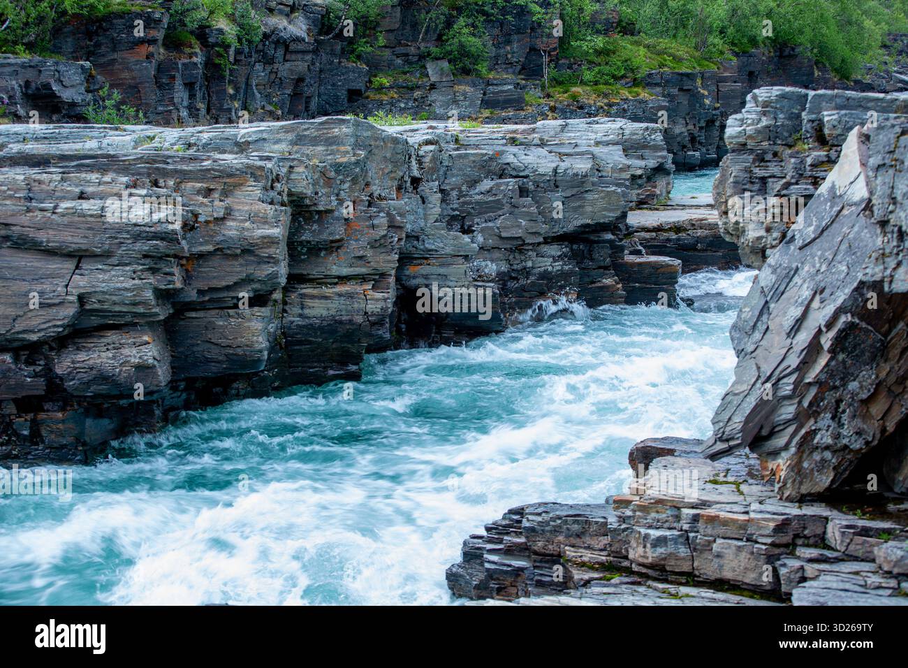 L'eau turquoise de la belle rivière Abisko, Abiskojokk, coule entre les rochers du canyon Abisko, Suède, Europe du Nord Banque D'Images