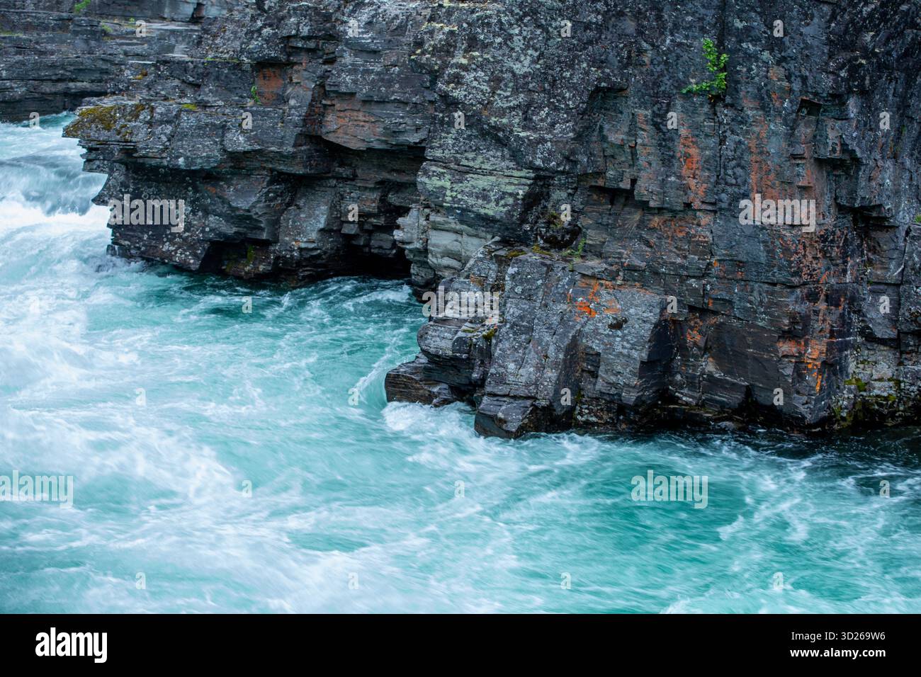 L'eau turquoise de la belle rivière Abisko, Abiskojokk, coule entre les roches humides et sombres à Abisko Canyon, Suède, Europe du Nord Banque D'Images